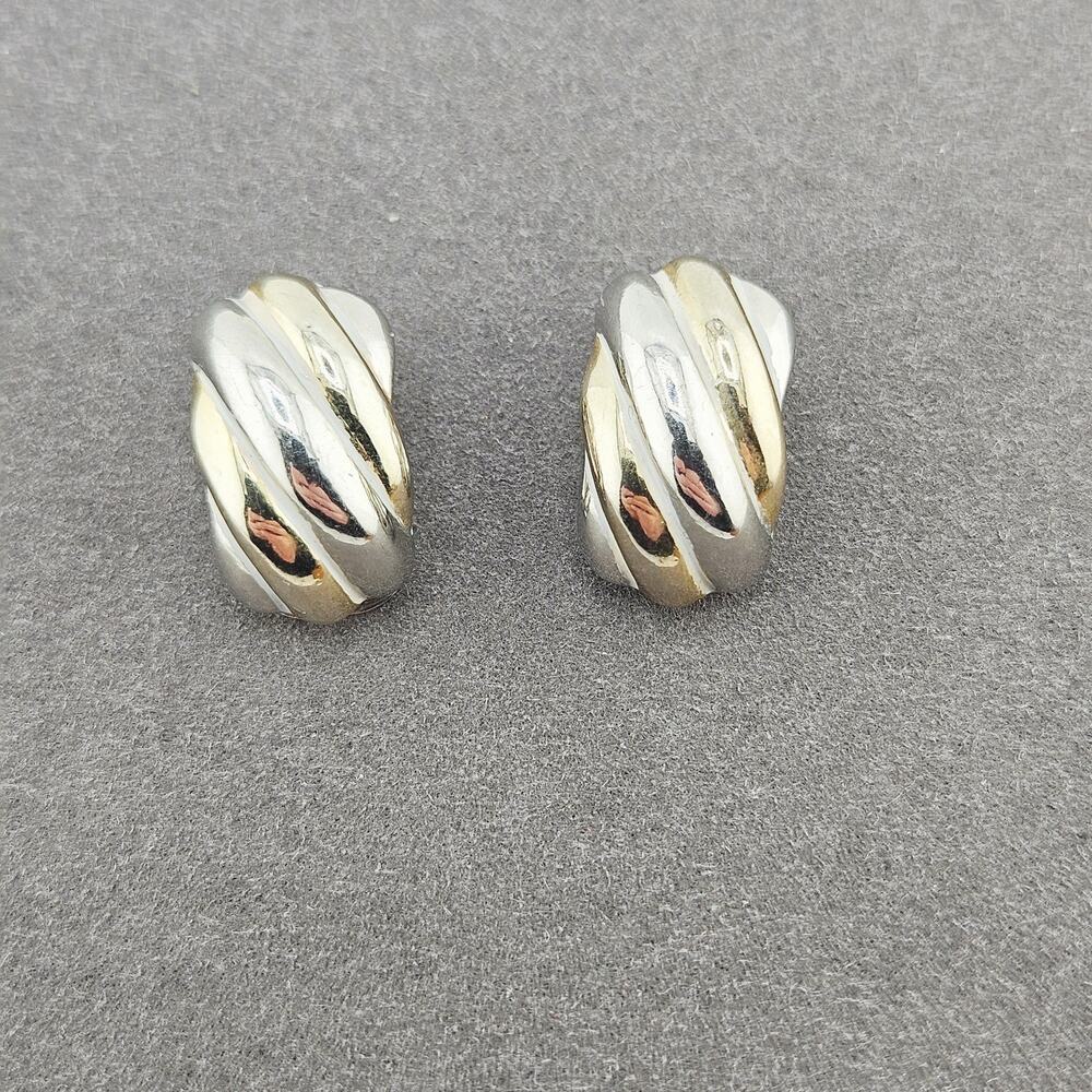 Two Tone Huggie Hoop Clamp Earrings Silver Gold Textured Stripe Non Pierced Ears